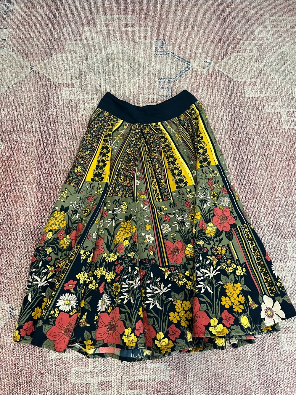 Viola Anthropologie art deco floral print full aline midi skirt cotton sz 2